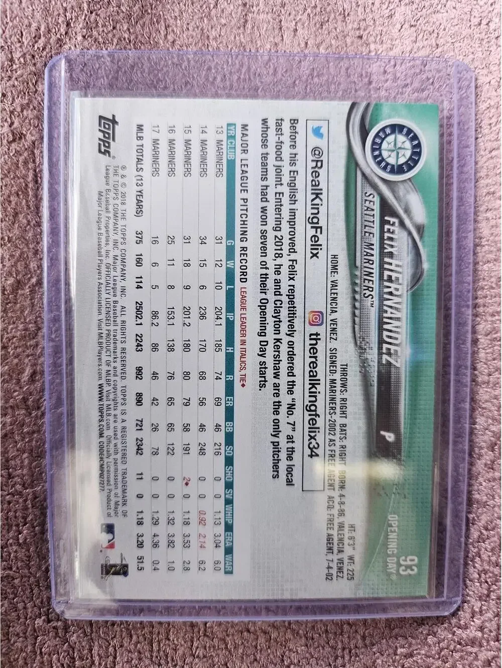 2018 Topps Opening Day Blue Foil #93 Felix Hernandez - Mariners - RAW Mint - Picture 2 of 2